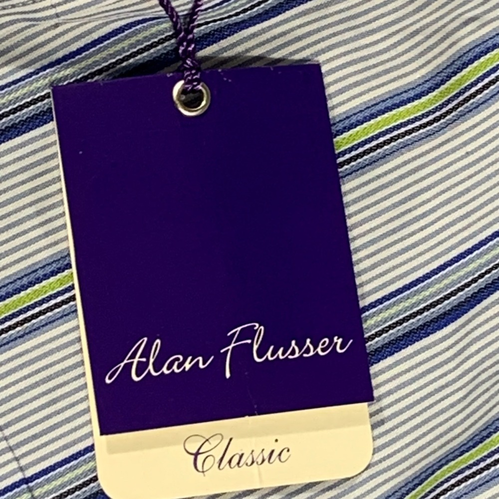 Alan Flusser Shirt Mens XL Blue Striped Cotton Button Down Long Sleeve Luxury - Picture 3 of 12